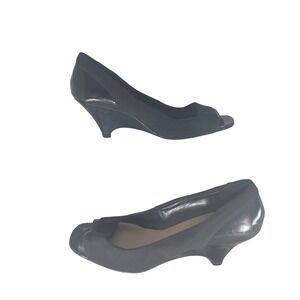 Ellen Tracy Pacer Black Peep Toe Wedge Heels Patent Fabric Pumps Womens 8M